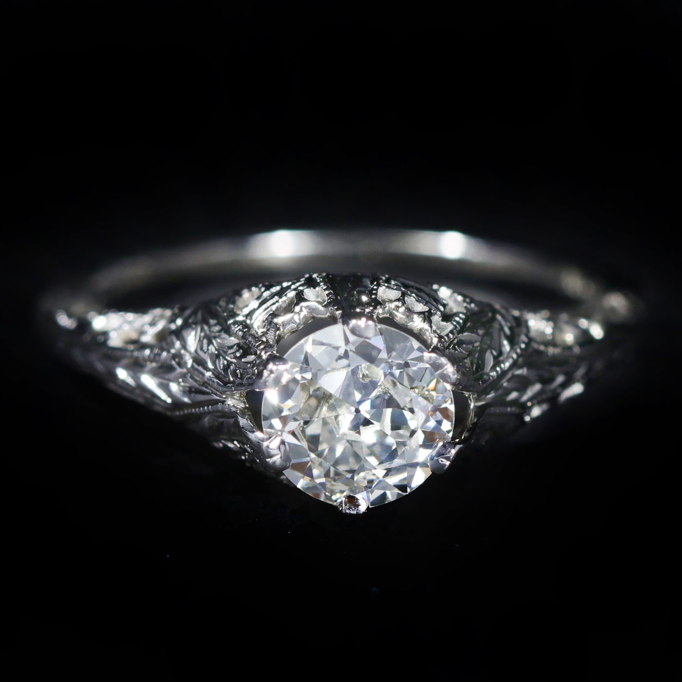 Art Deco 18K White Gold 0.70 Carat Old European Cut Diamond Engagement Ring