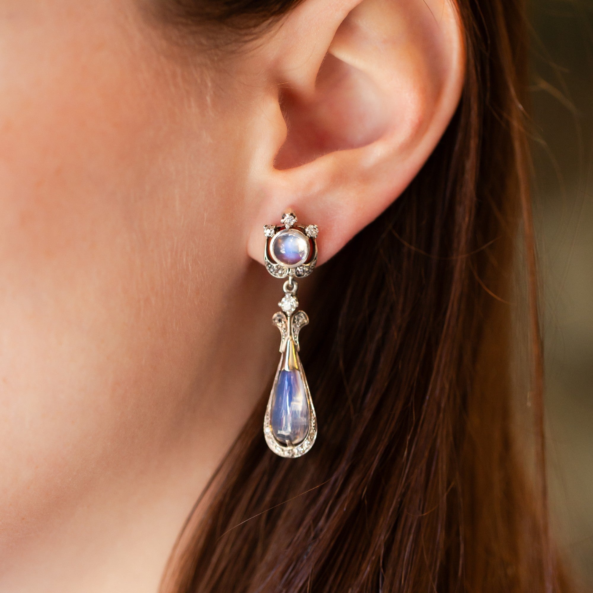 Victorian Moonstone and Diamond Dangle Earrings - Walton's Jewelry