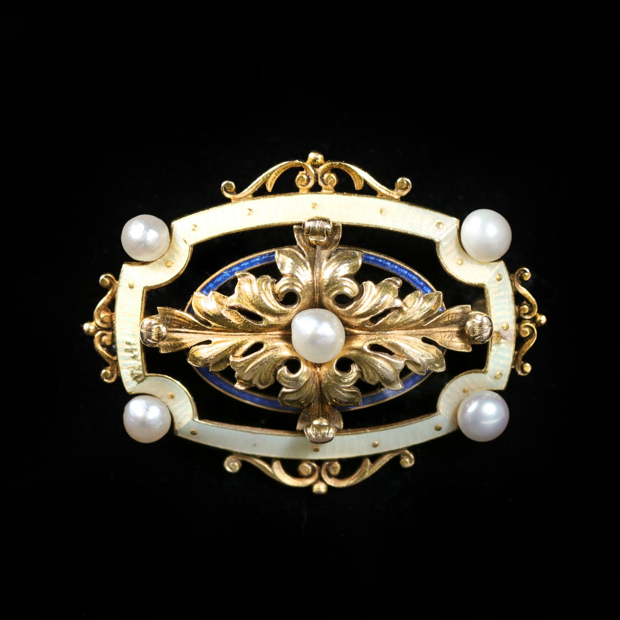 Art Nouveau 14k Yellow Gold Pearl and Enamel Brooch - Walton's Jewelry