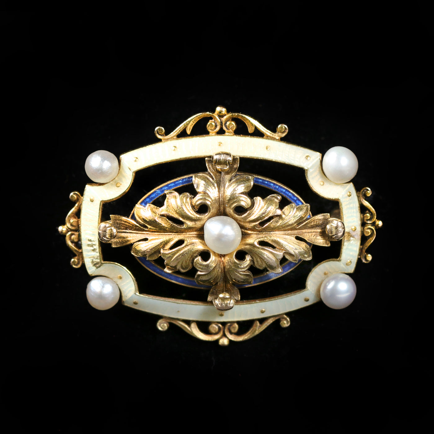 Art Nouveau 14k Yellow Gold Pearl and Enamel Brooch