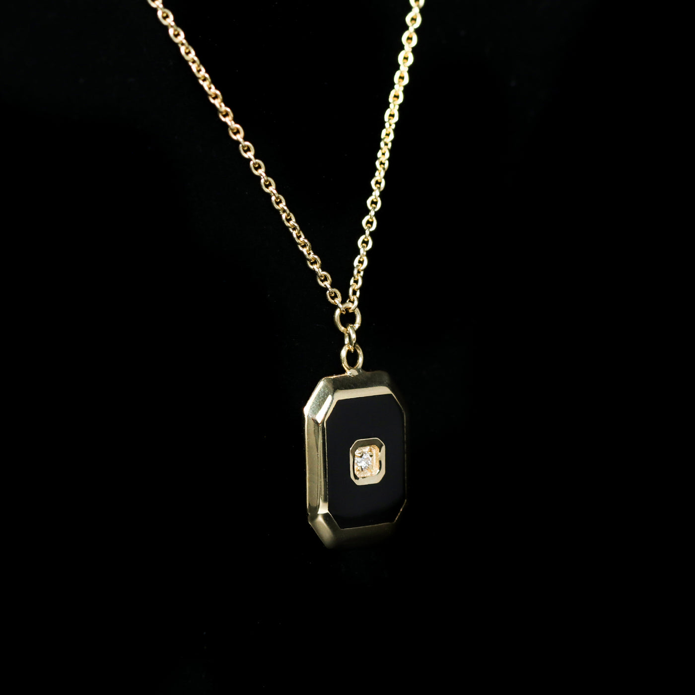 14k Yellow Gold Diamond and Black Enamel Necklace