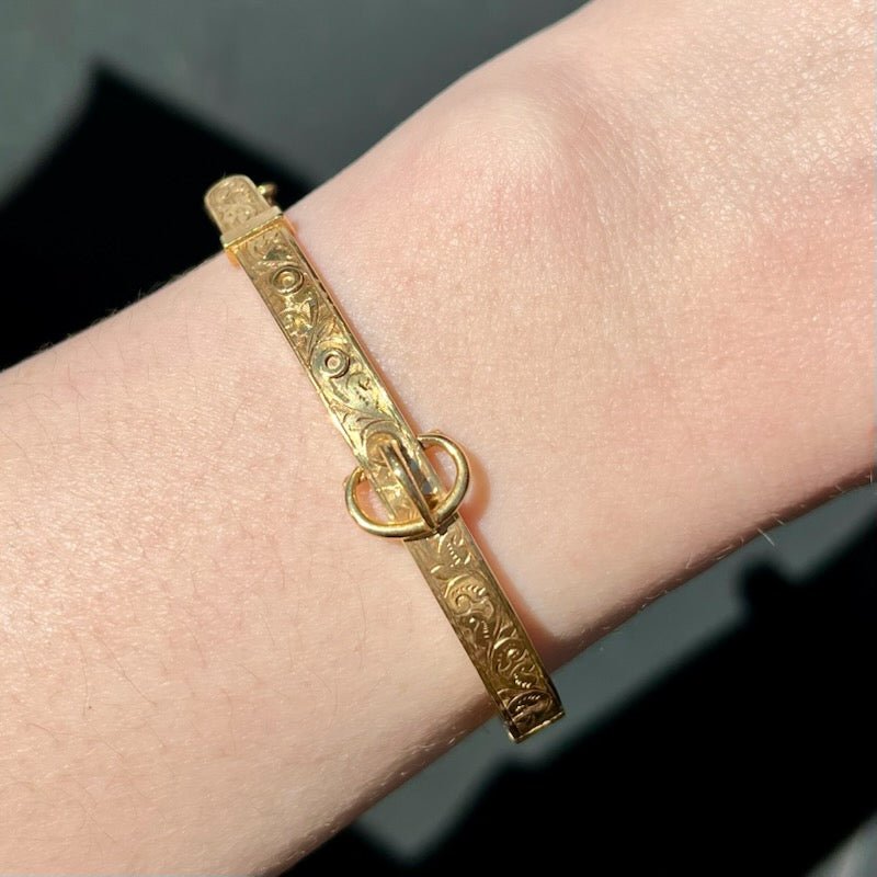 Victorian 9K Yellow Gold Buckle Bangle Bracelet, Circa 1898 - Walton's Jewelry