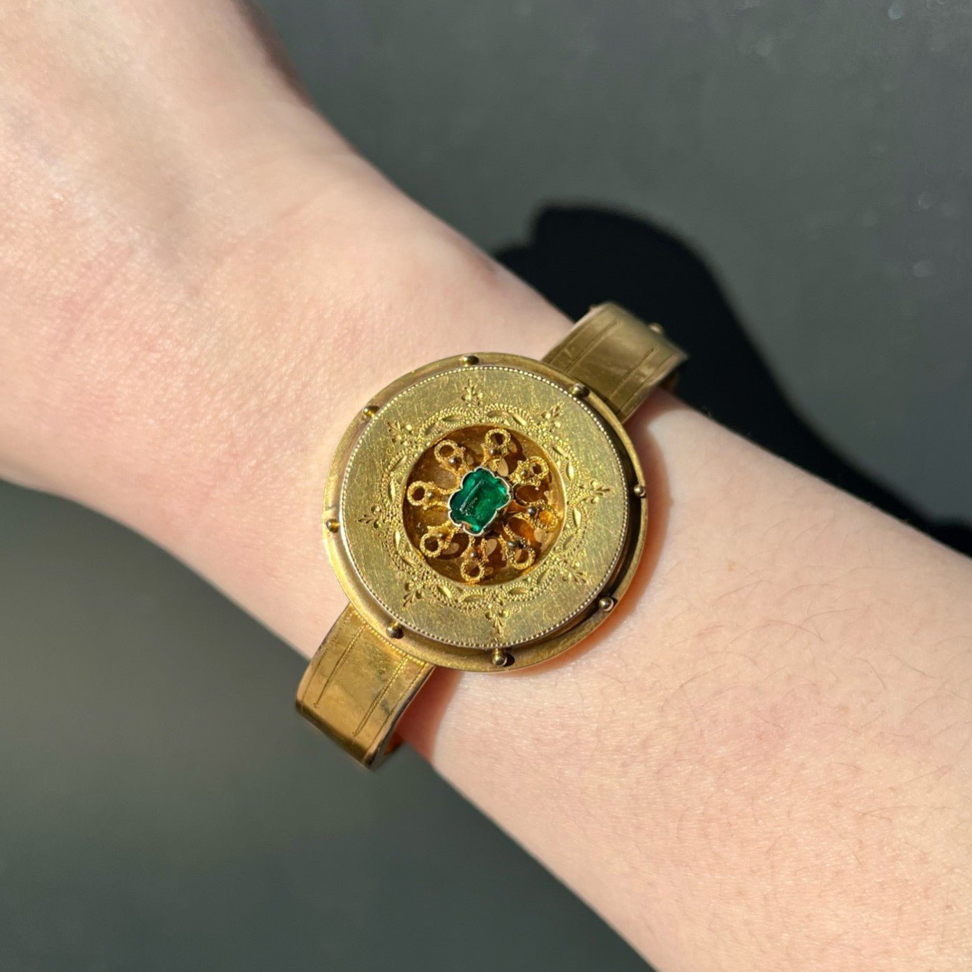 Victorian 10K Yellow Gold and Green Glass Bangle Bracelet - Walton's Jewelry