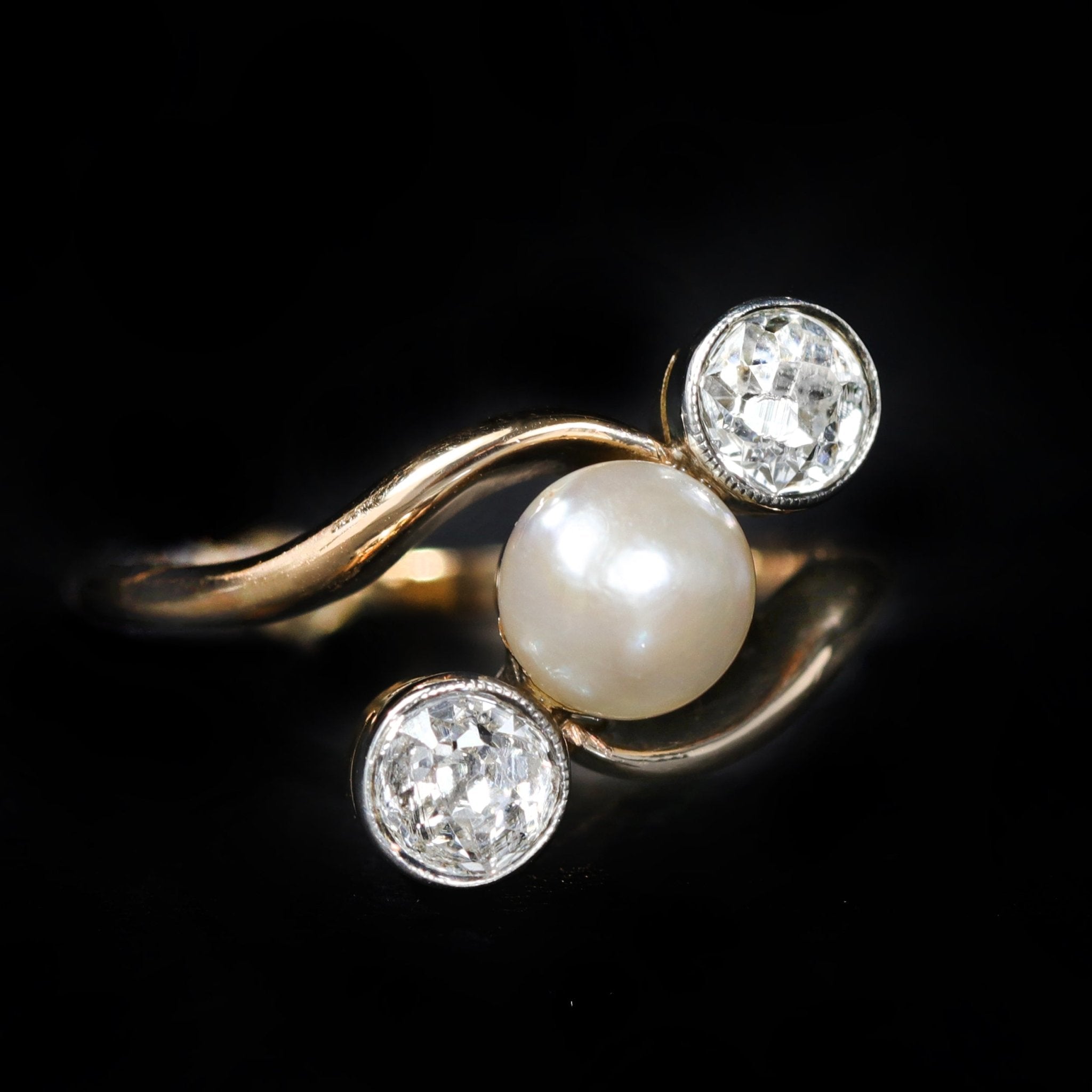 Edwardian Platinum Topped 18K Yellow Gold Pearl and 0.66 CTW Diamond Ring - Walton's Jewelry