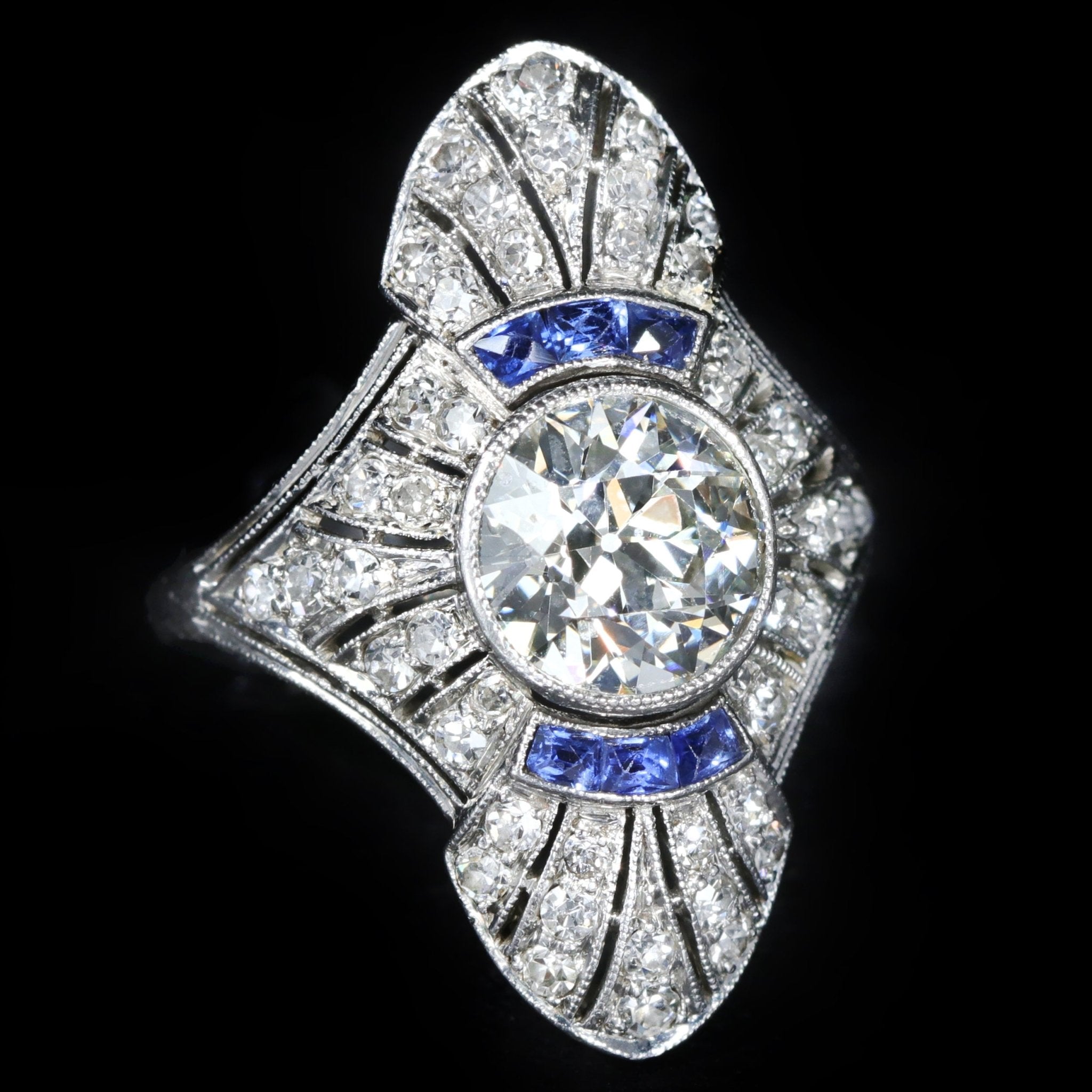 Art Deco 1.60 Carat Old European Cut Diamond and Sapphire Ring - Walton's Jewelry