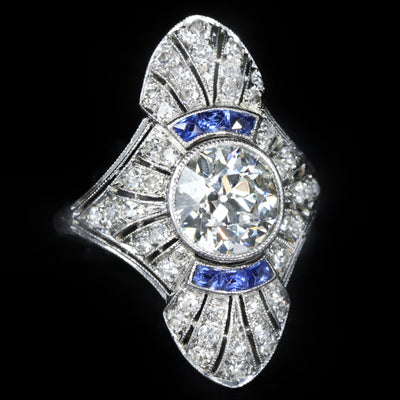 Art Deco 1.60 Carat Old European Cut Diamond and Sapphire Ring