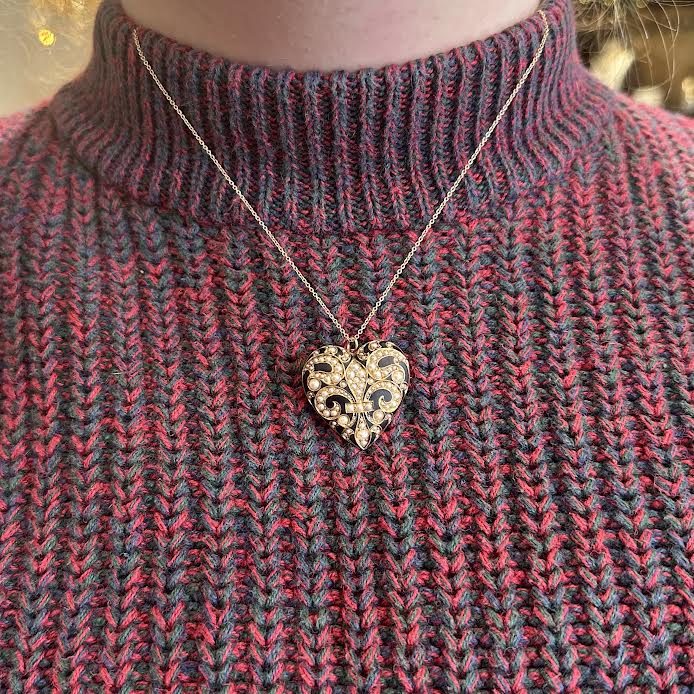 Victorian Seed Pearl and Enamel Heart Locket Pendant/Brooch - Walton's Jewelry