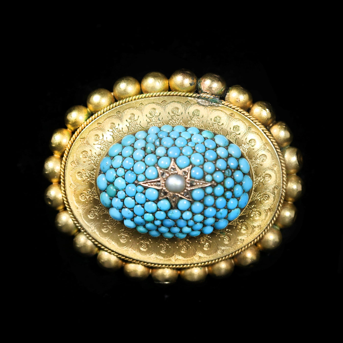 Victorian 14K Yellow Gold Turquoise Pearl and Diamond Locket/Brooch