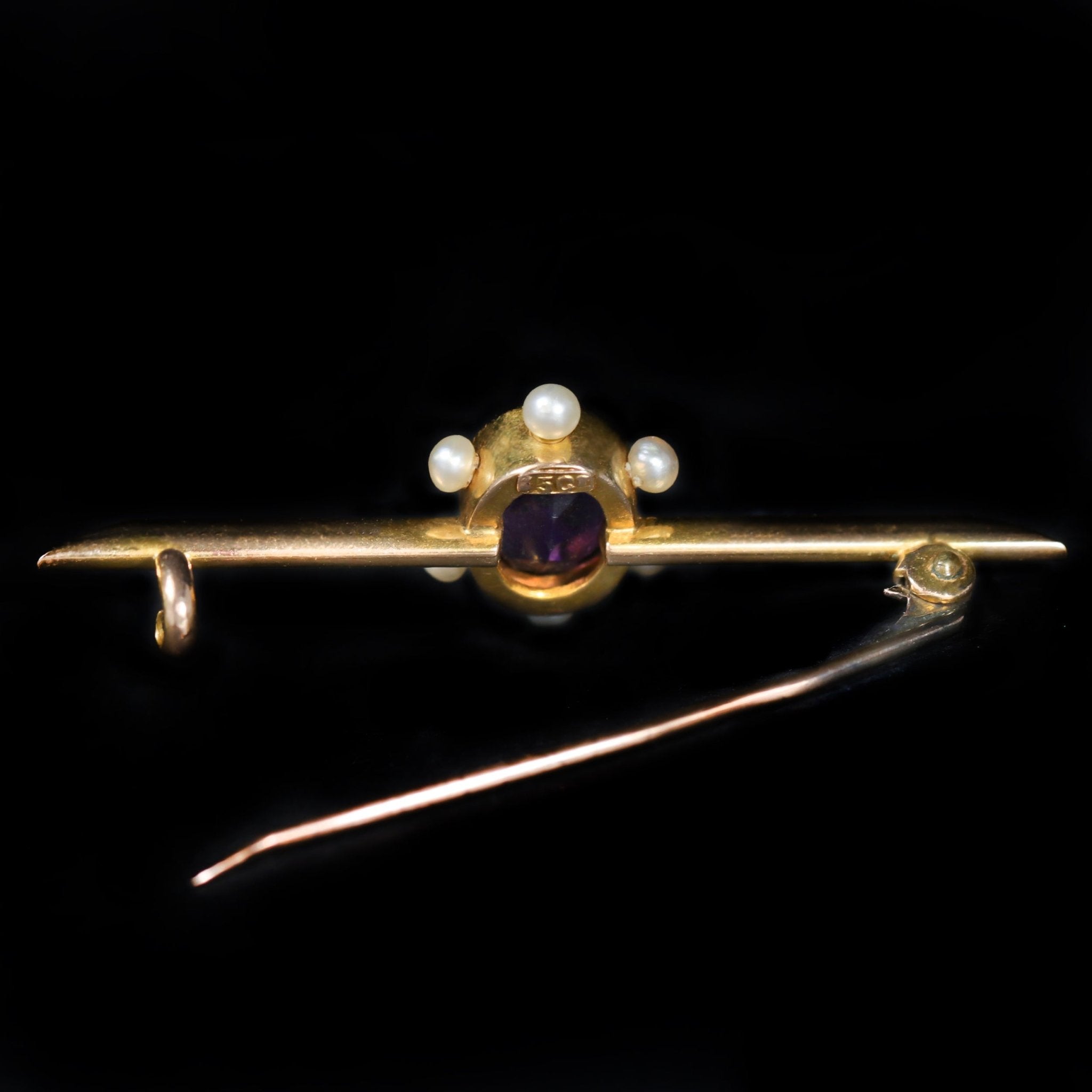 Victorian 15K Yellow Gold Amethyst and Pearl Bar Pin - Walton's Jewelry