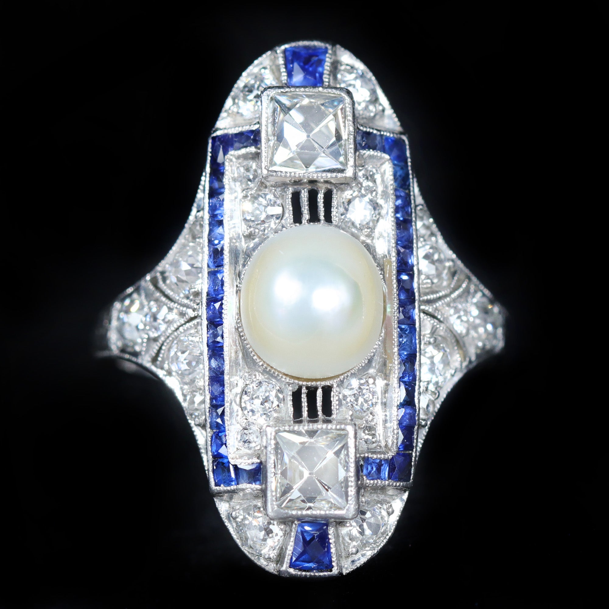 Art Deco Platinum Pearl, Diamond, and Sapphire Dinner Ring