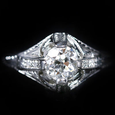Art Deco 18K White Gold 0.85 Carat Old Mine Cut Diamond Engagement Ring