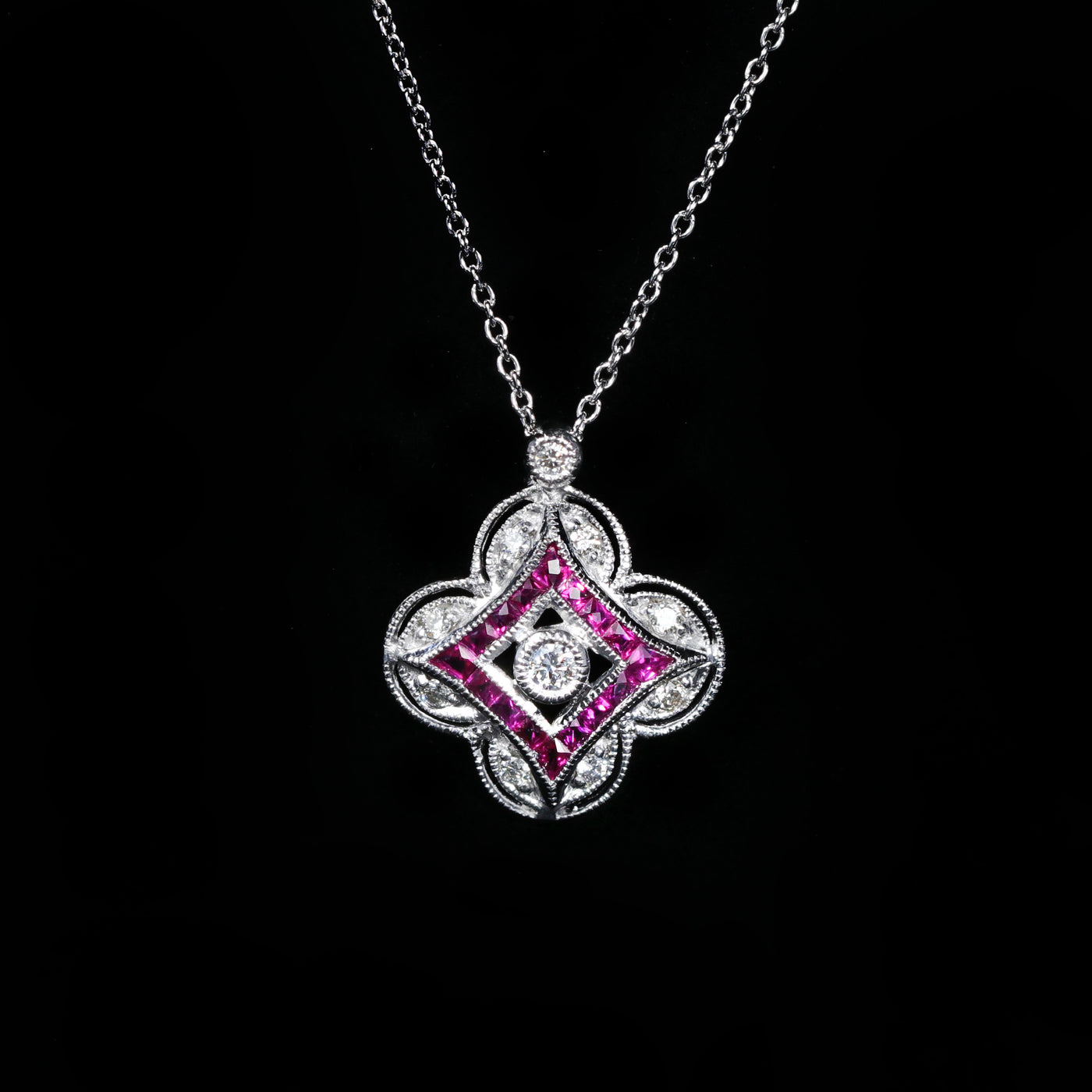 14K White Gold Diamond and Ruby Necklace