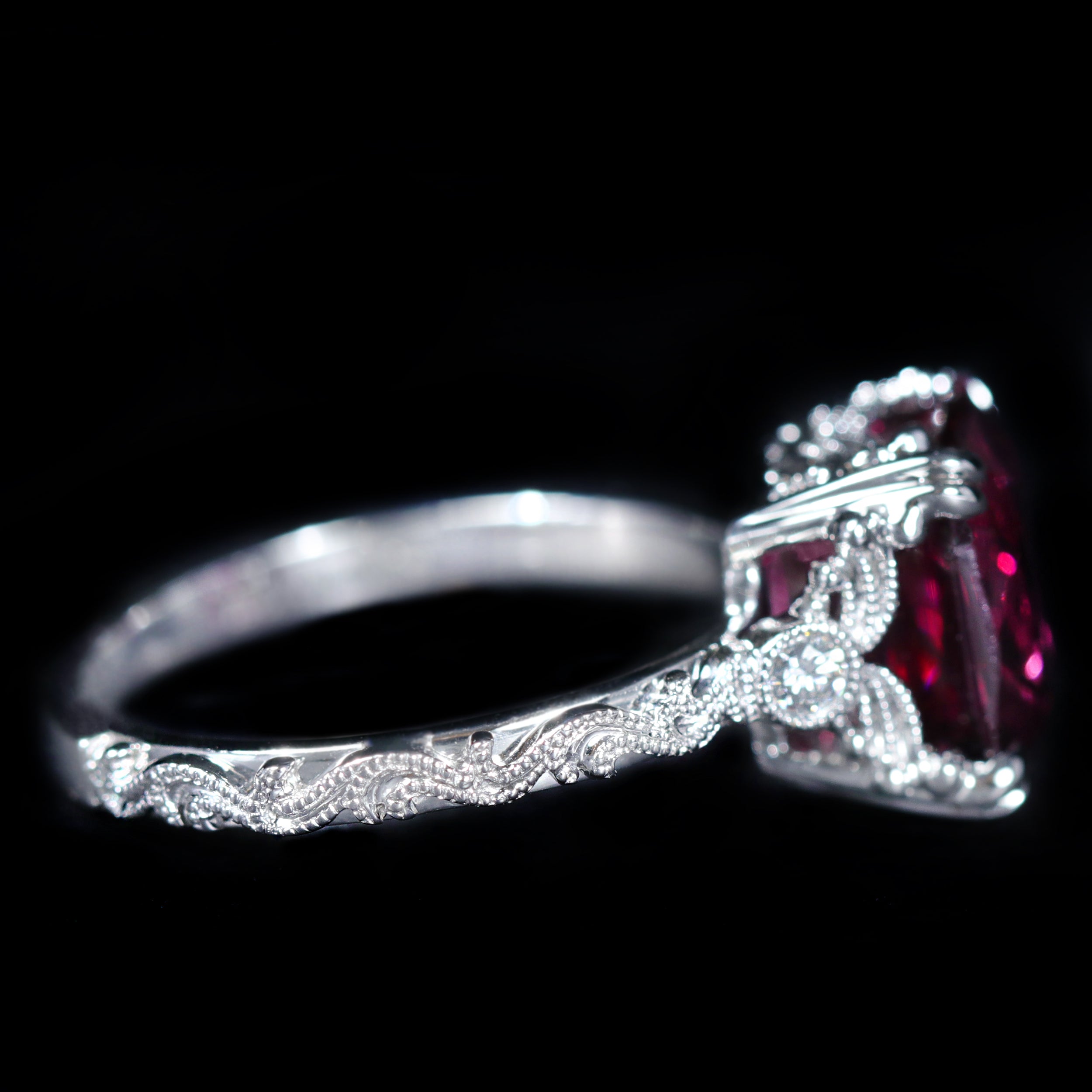 White Gold Ring Rhodolite Garnet Engagement Ring Rhodolite Garnet And Diamond 14ct White Gold Double Cluster Ring