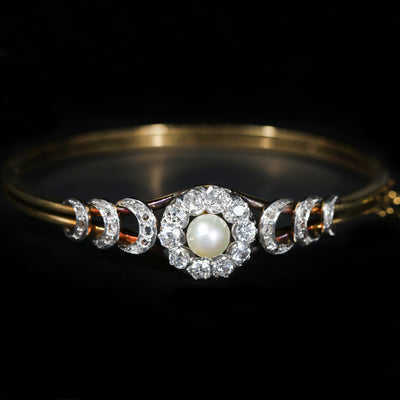Edwardian 1.10 CTW Diamond and Pearl Bangle Bracelet
