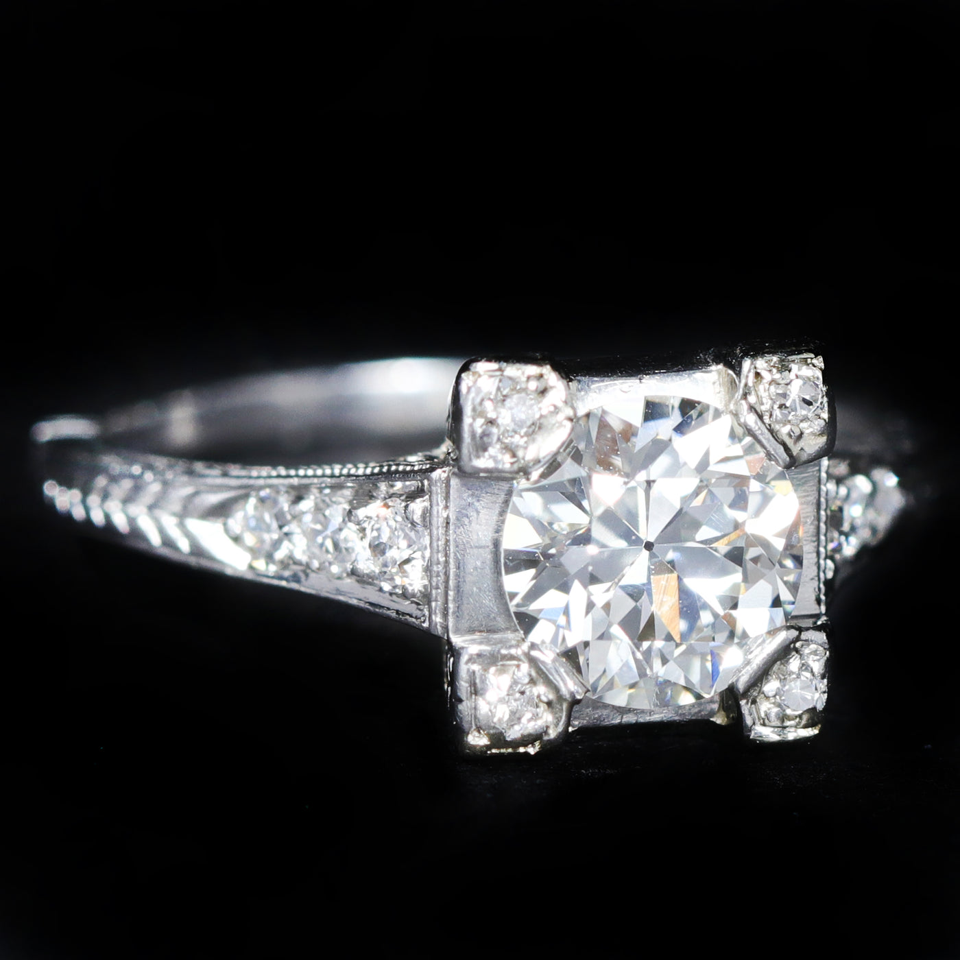 Art Deco Platinum 0.87 Carat Old European Cut Diamond Engagement Ring