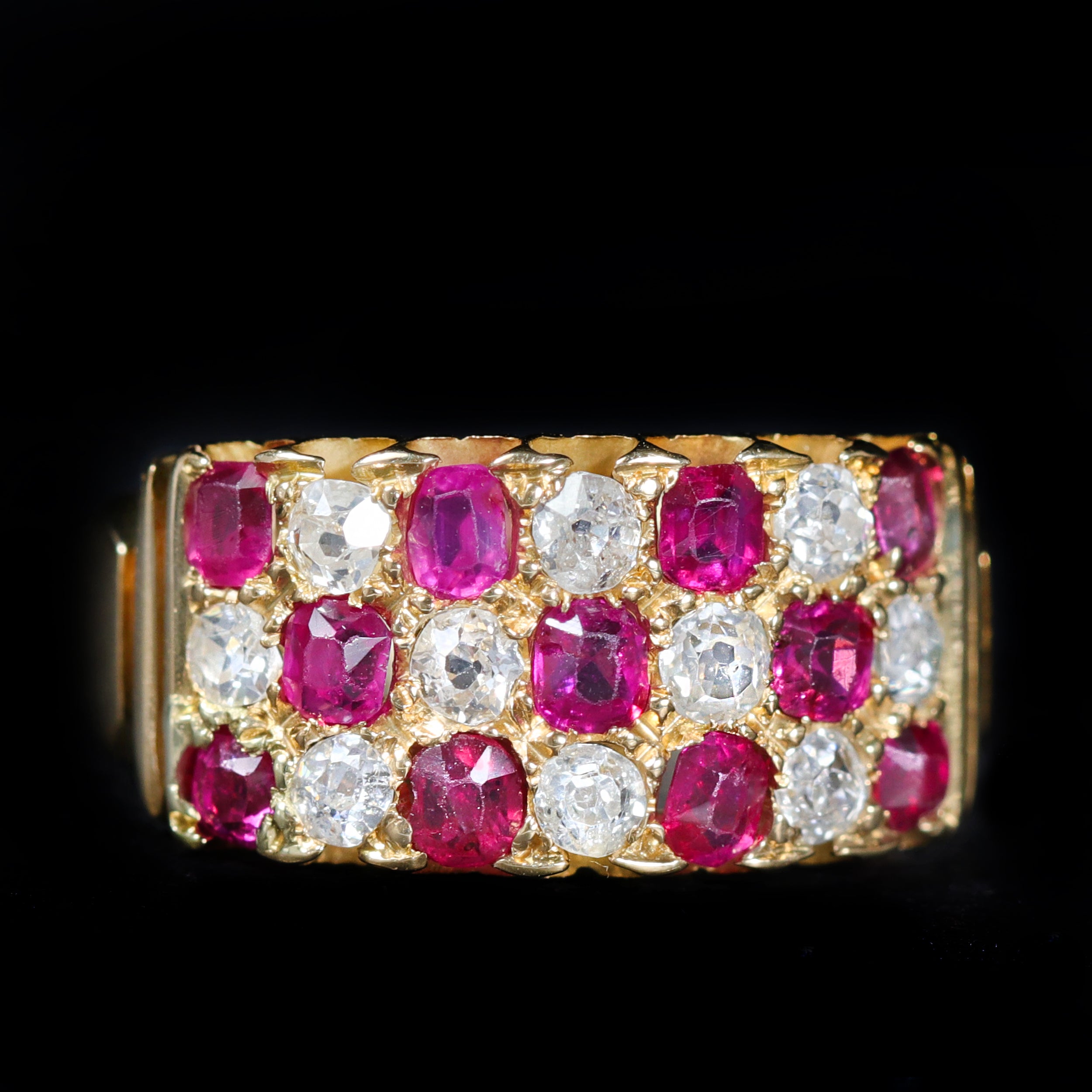 Victorian 18K Yellow Gold Diamond and Ruby Checkerboard Ring