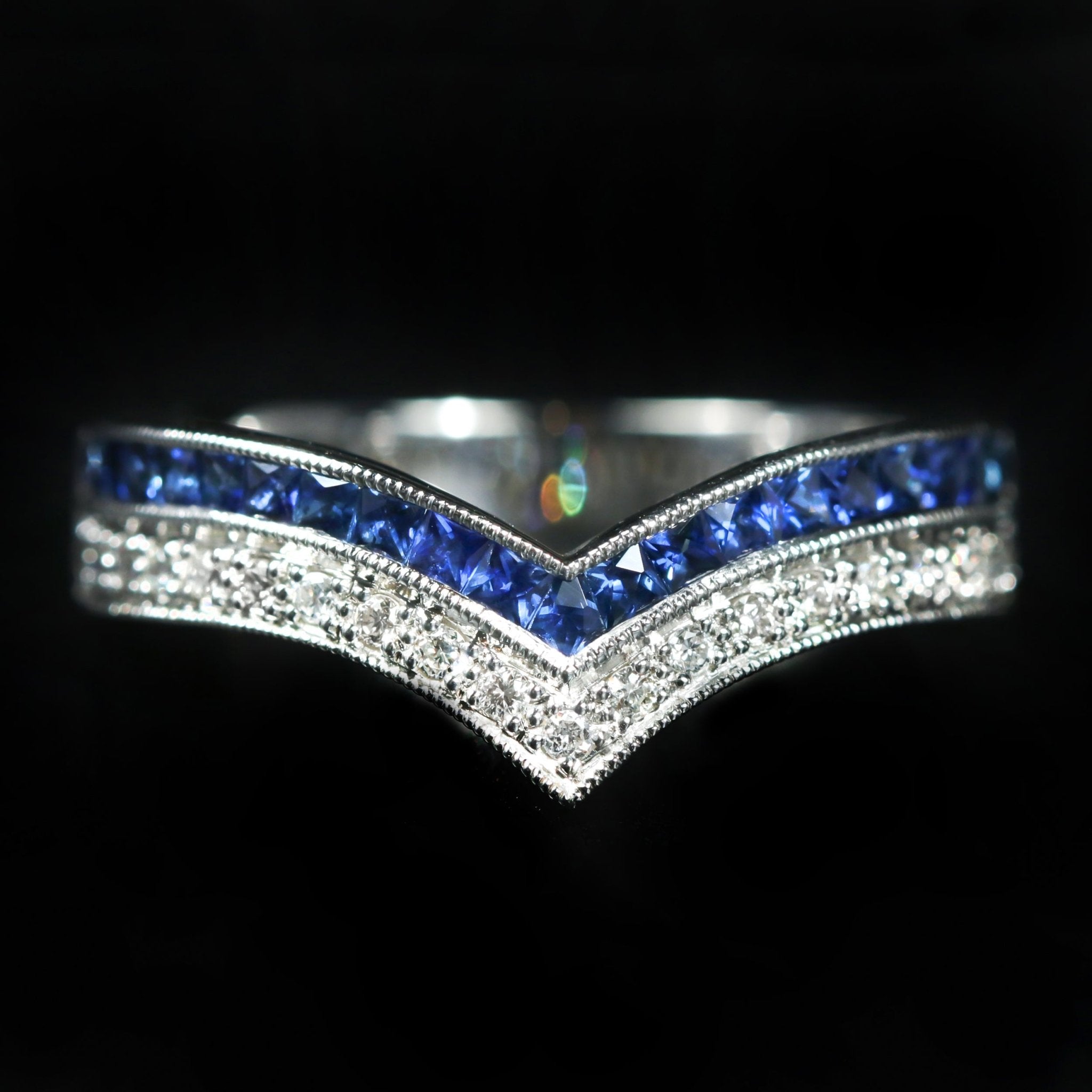 Platinum 0.16 Carat Diamond and French Cut Blue Sapphire Curve Band - Walton's Jewelry