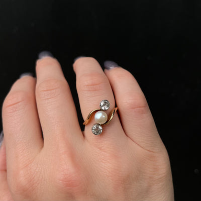 Edwardian Platinum Topped 18K Yellow Gold Pearl and 0.66 CTW Diamond Ring
