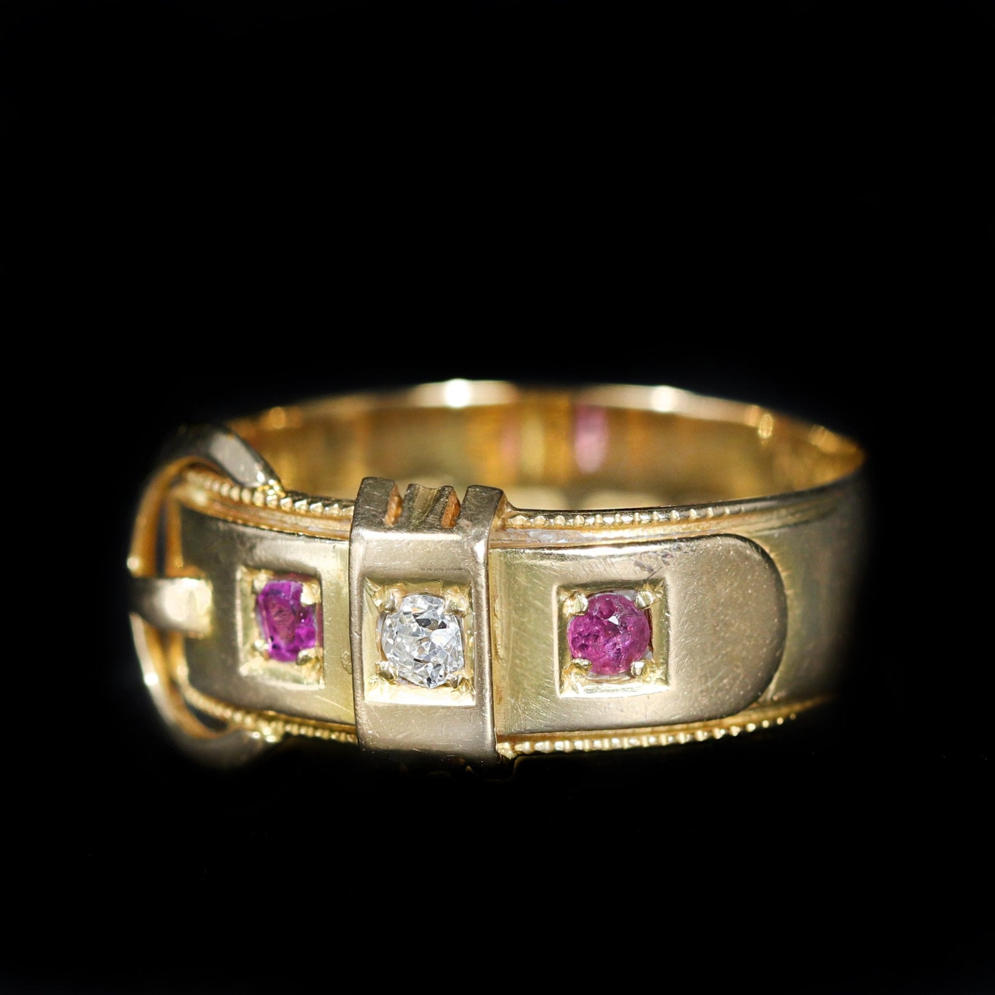 Victorian 18K Yellow Gold Diamond and Ruby Buckle Ring - Walton's Jewelry