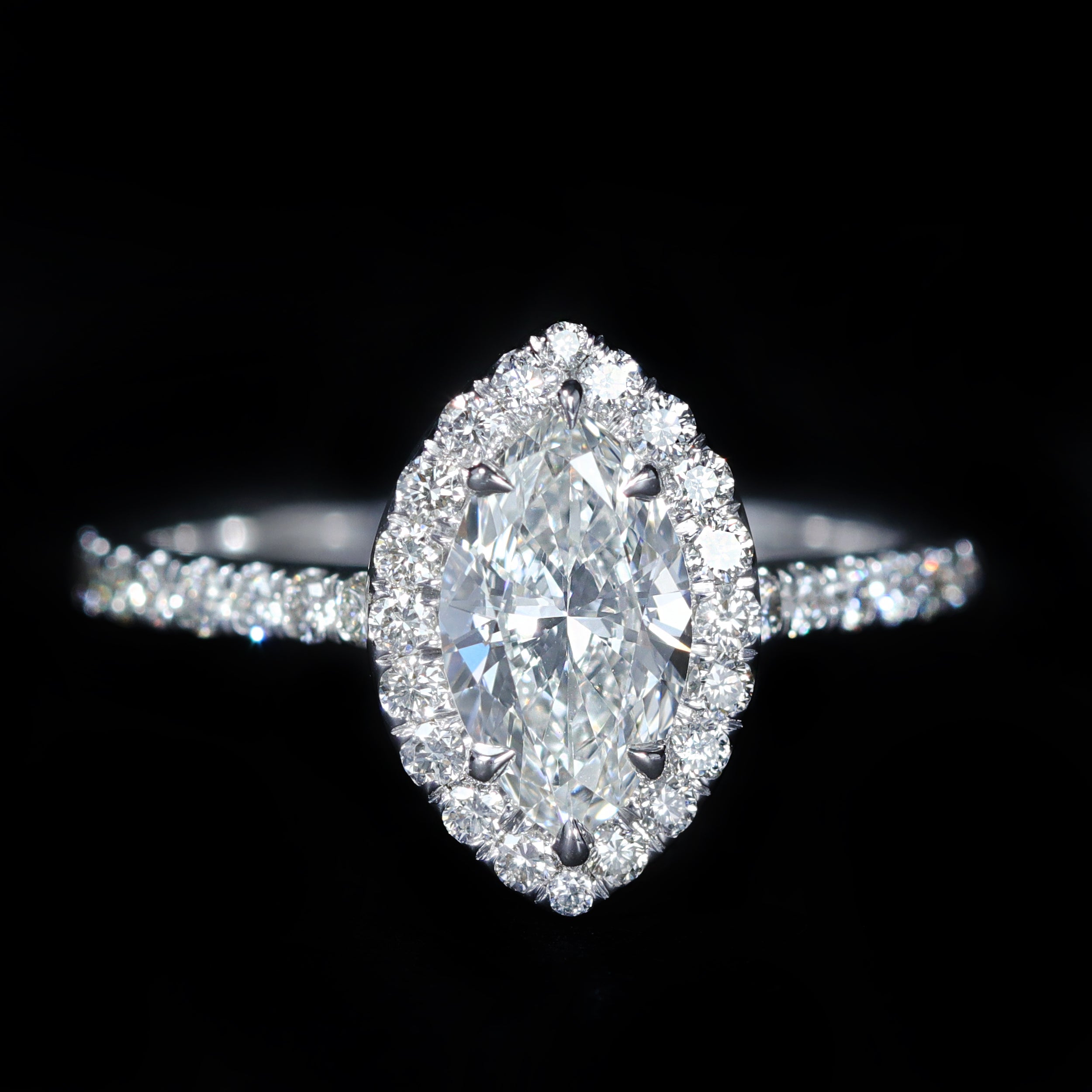 14K White Gold GIA 0.90 Carat Marquise Cut Diamond Halo Engagement Ring