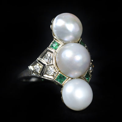 Art Deco 18K White Gold Pearl Diamond and Emerald Ring