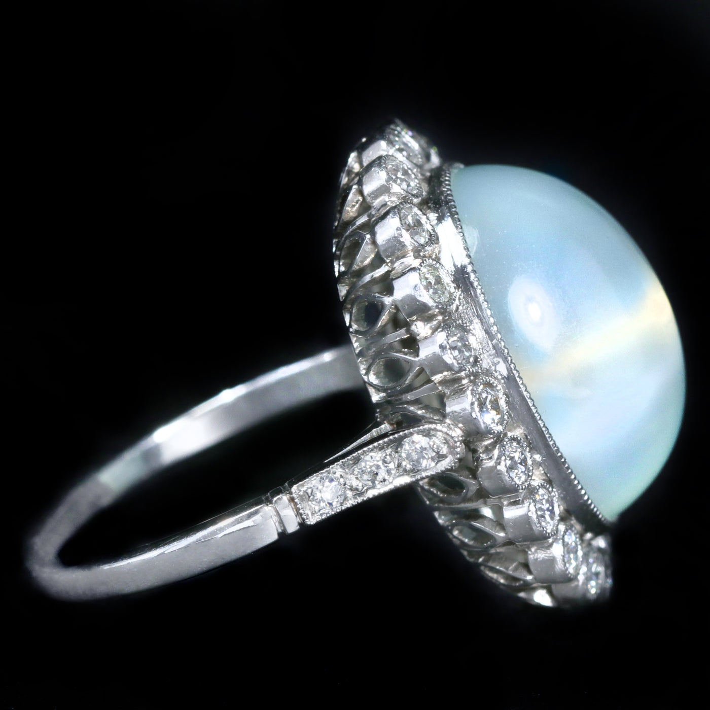 Platinum 9.50 Carat Moonstone and Diamond Ring