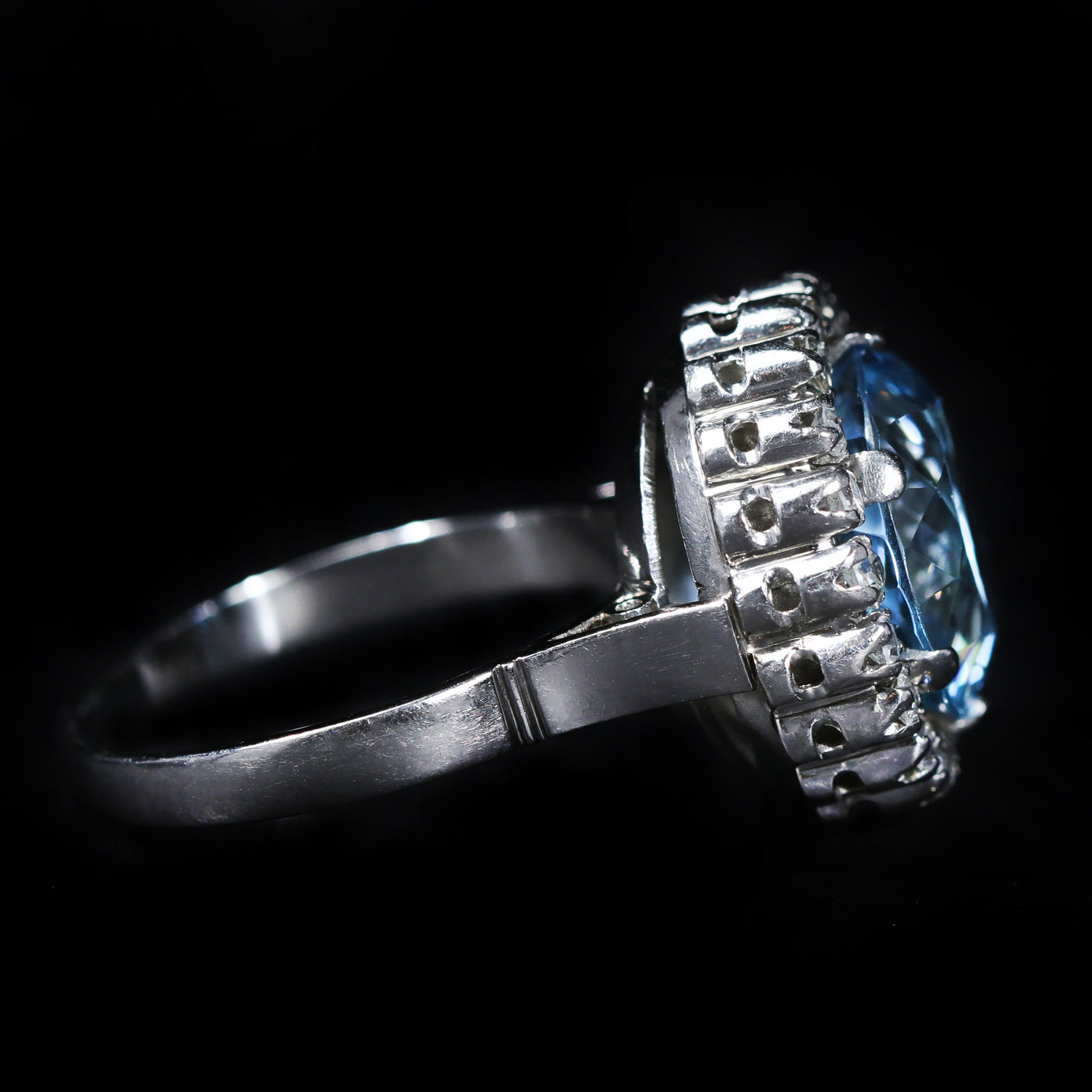 Estate Platinum 6.55 Carat Aquamarine and Diamond Halo Ring