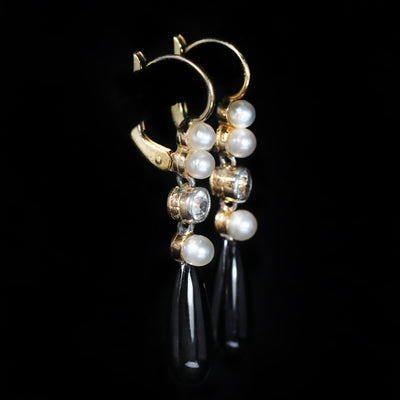 Edwardian 0.30 CTW Diamond, Onyx, and Pearl Dangle Earrings