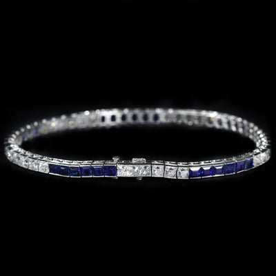 Art Deco Peruzzi Cut Diamond and No Heat Sapphire Line Bracelet