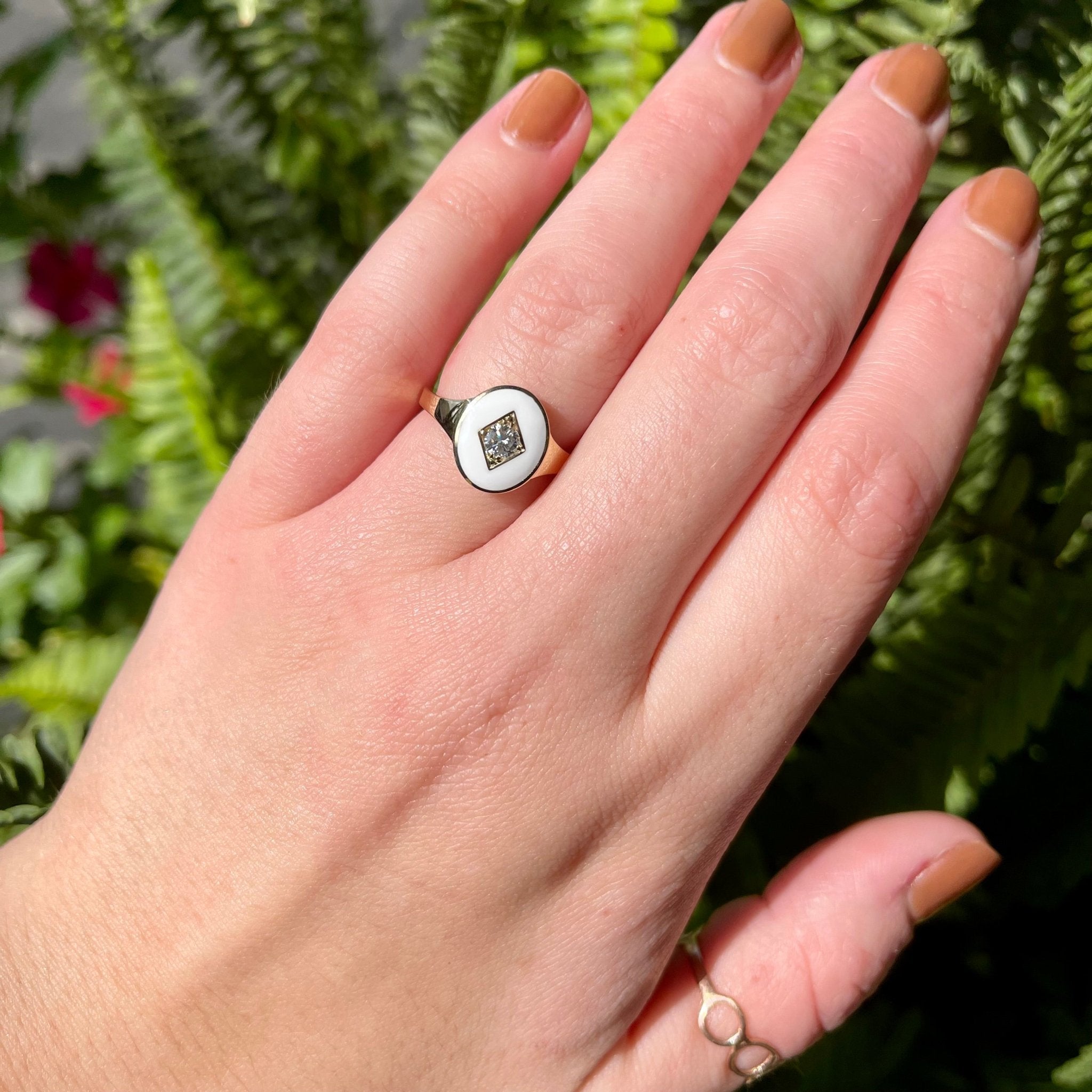 14k Yellow Gold 0.18 Carat Diamond and Enamel Signet Ring - Walton's Jewelry