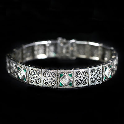 Art Deco 18K White Gold 0.50 CTW Diamond and Synthetic Emerald Bracelet
