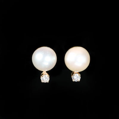 Estate 14K Yellow Gold Pearl and Diamond Stud Earrings