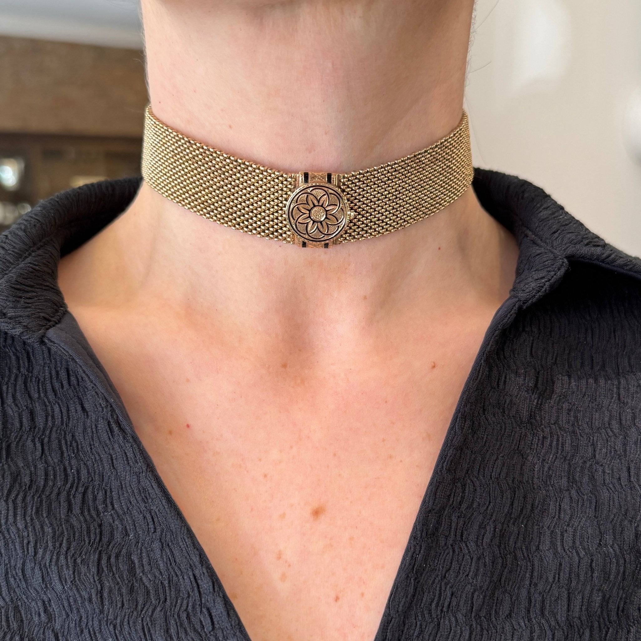 Victorian 14K Yellow Gold Mesh and Enamel Choker, 12.75 Inches - Walton's Jewelry