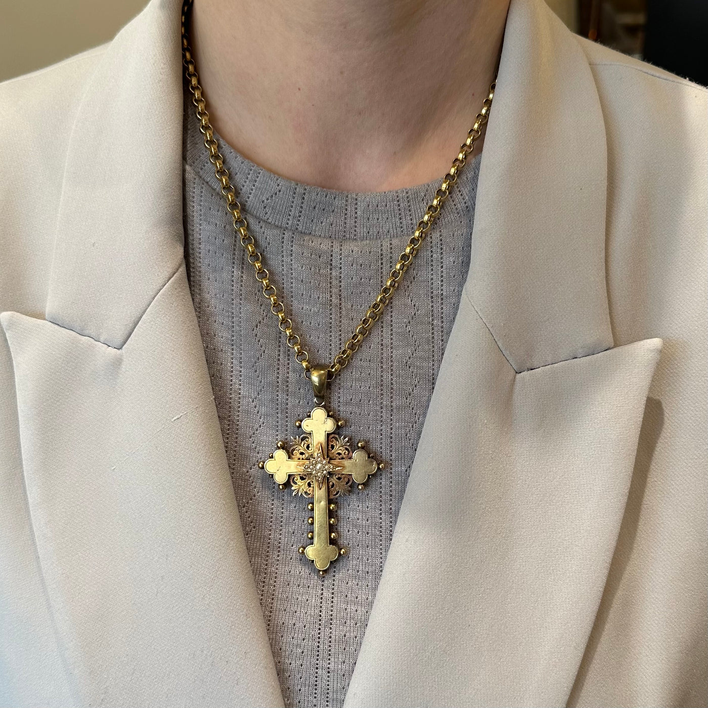 Victorian Estruscan Revival Cross and Seed Pearl Pendant