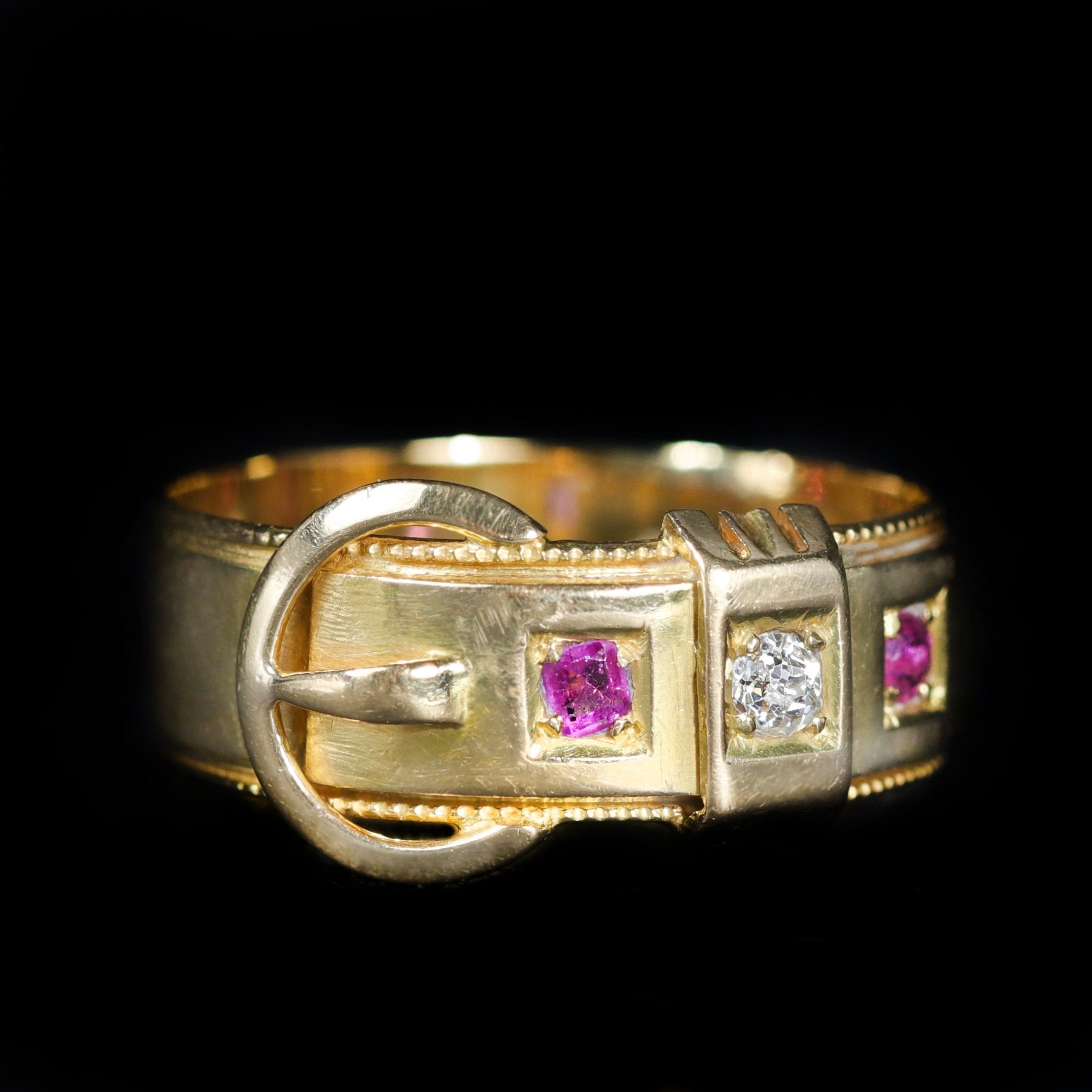 Victorian 18K Yellow Gold Diamond and Ruby Buckle Ring - Walton's Jewelry