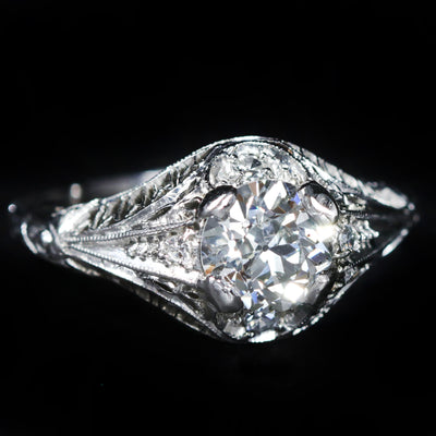 Art Deco Platinum 1.10 Carat Old European Cut Diamond Engagement Ring