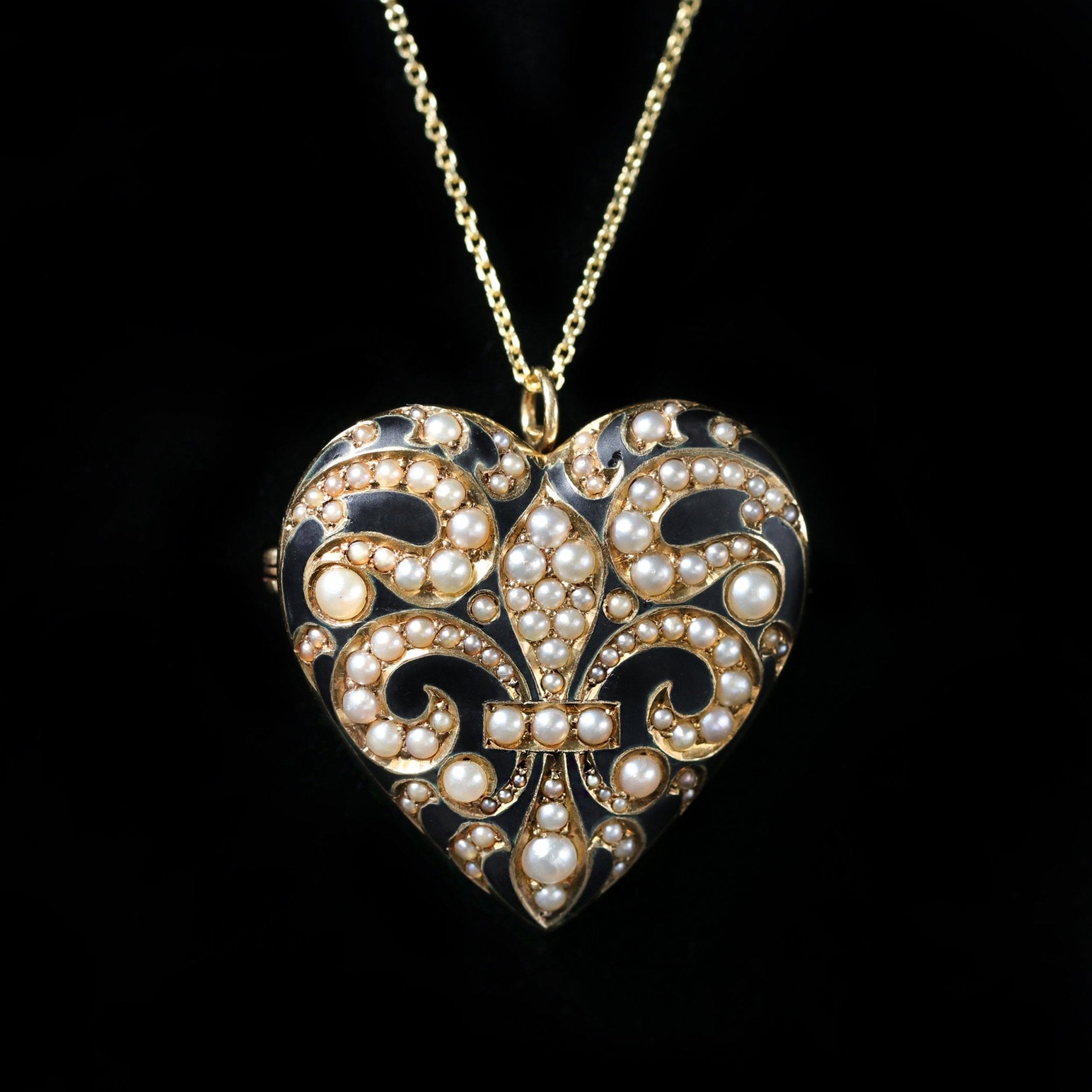 Victorian Seed Pearl and Enamel Heart Locket Pendant/Brooch - Walton's Jewelry