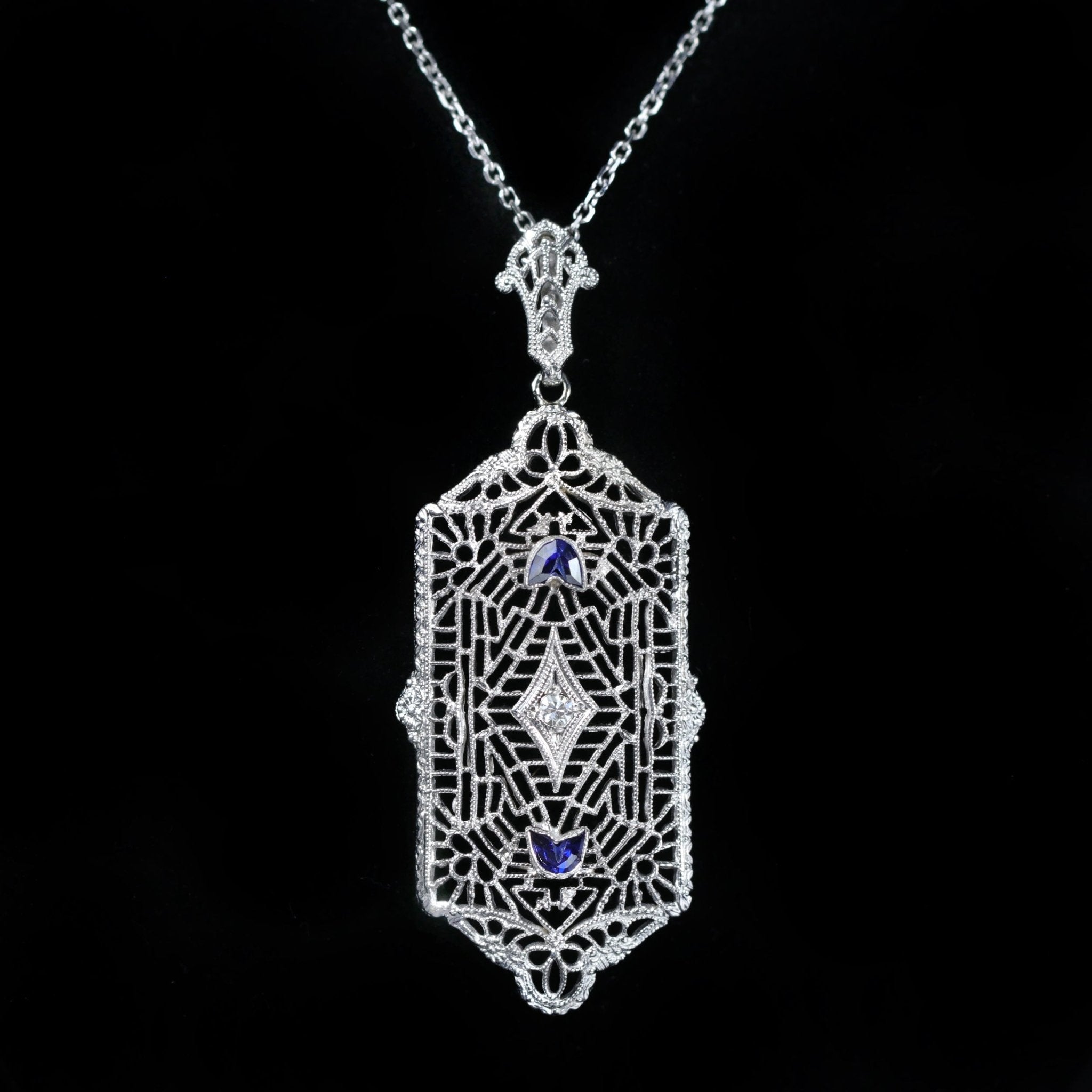 Edwardian 14K White Gold, Diamond, and Synthetic Sapphire Pendant - Walton's Jewelry