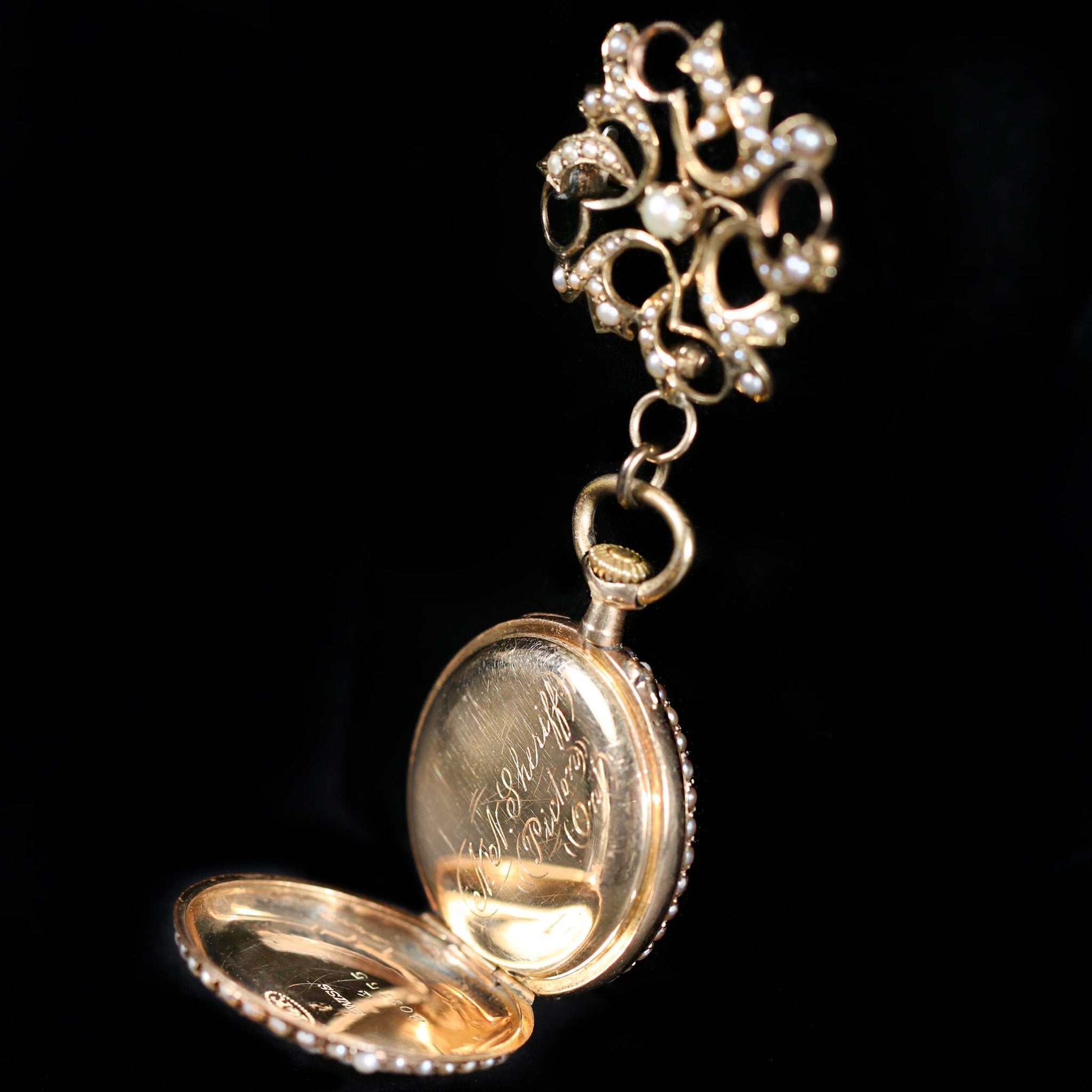 Victorian 14K Yellow Gold Seed Pearl Brooch/Pocket Watch - Walton's Jewelry