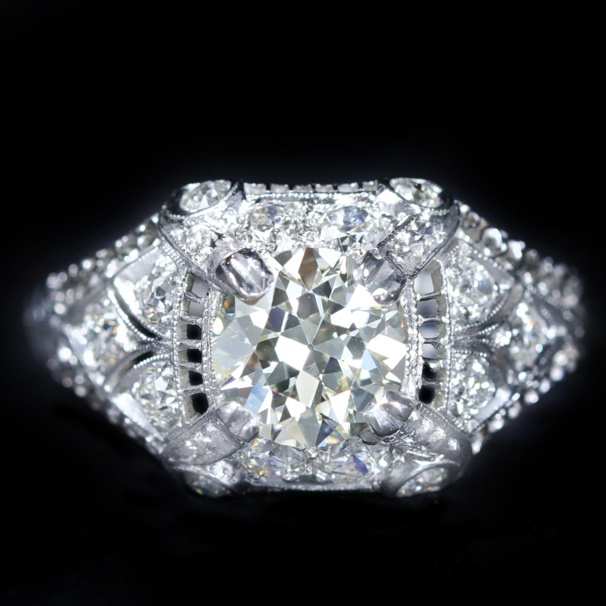Art Deco Platinum 1.42 Carat Old European Cut Diamond Engagement Ring - Walton's Jewelry