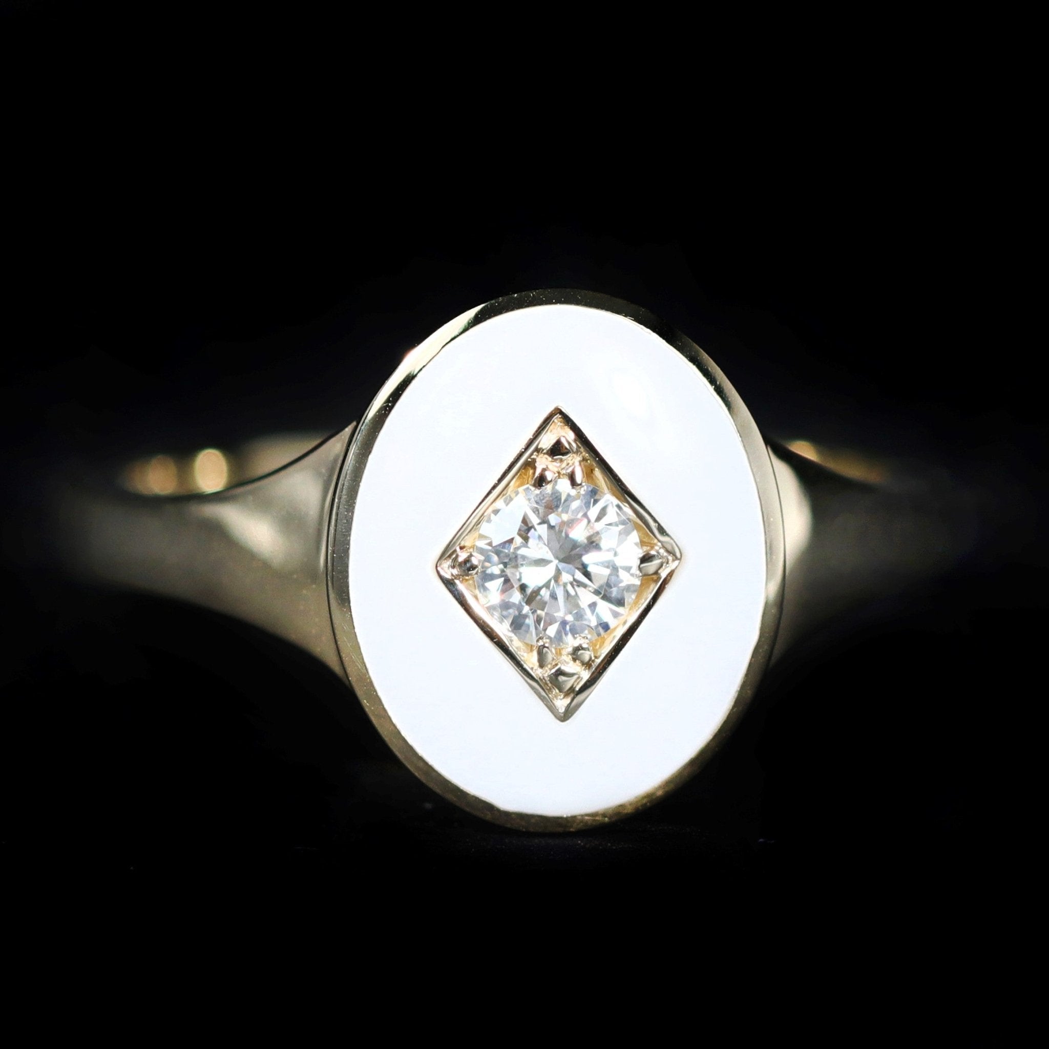 14k Yellow Gold 0.18 Carat Diamond and Enamel Signet Ring - Walton's Jewelry