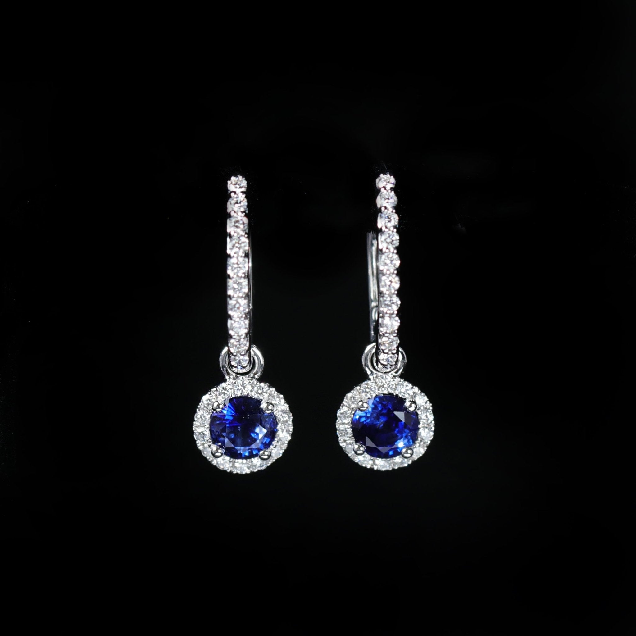 18K White Gold 1.27 CTW Sapphire and Diamond Hoop Earrings - Walton's Jewelry