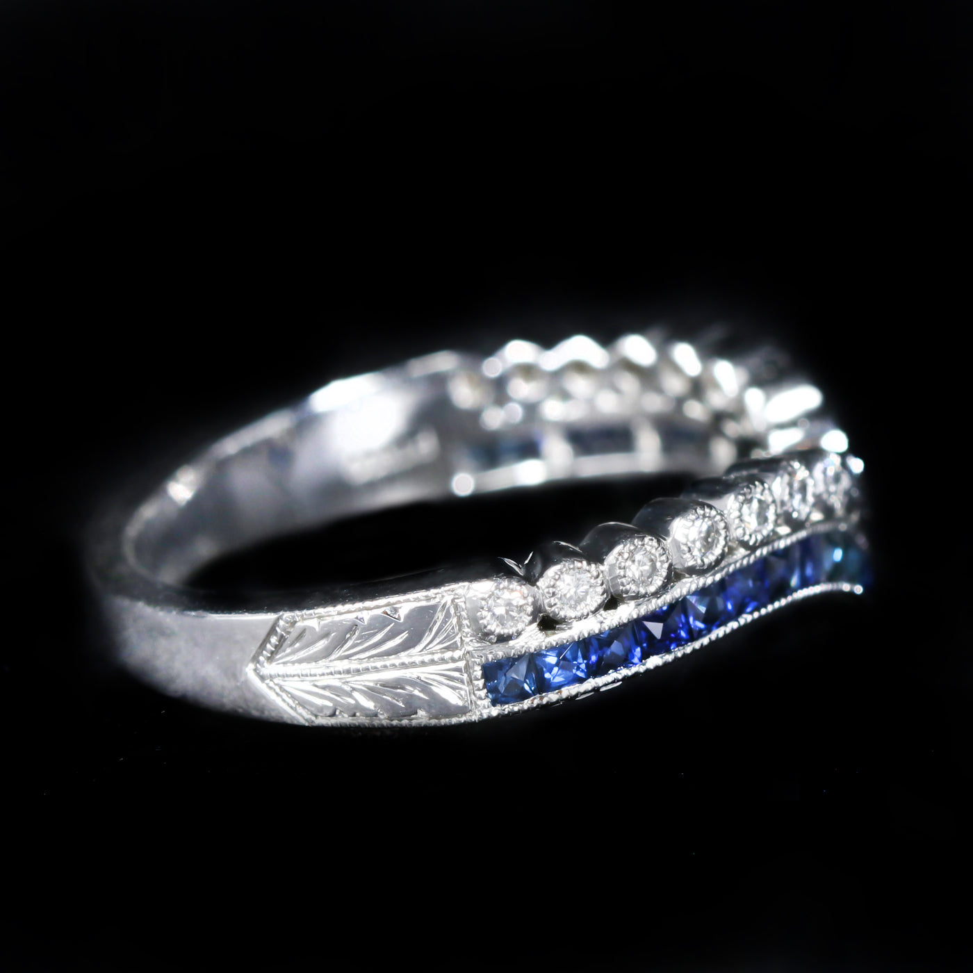 Platinum French Cut Sapphire and Diamond Curved Band