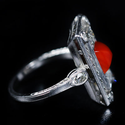Art Deco Platinum Sugarloaf Coral and Diamond Ring