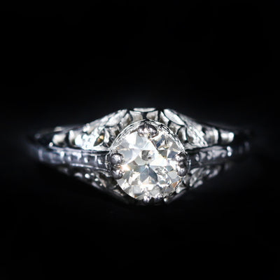 Art Deco 18K White Gold 0.62 Carat Old European Cut Diamond Engagement Ring