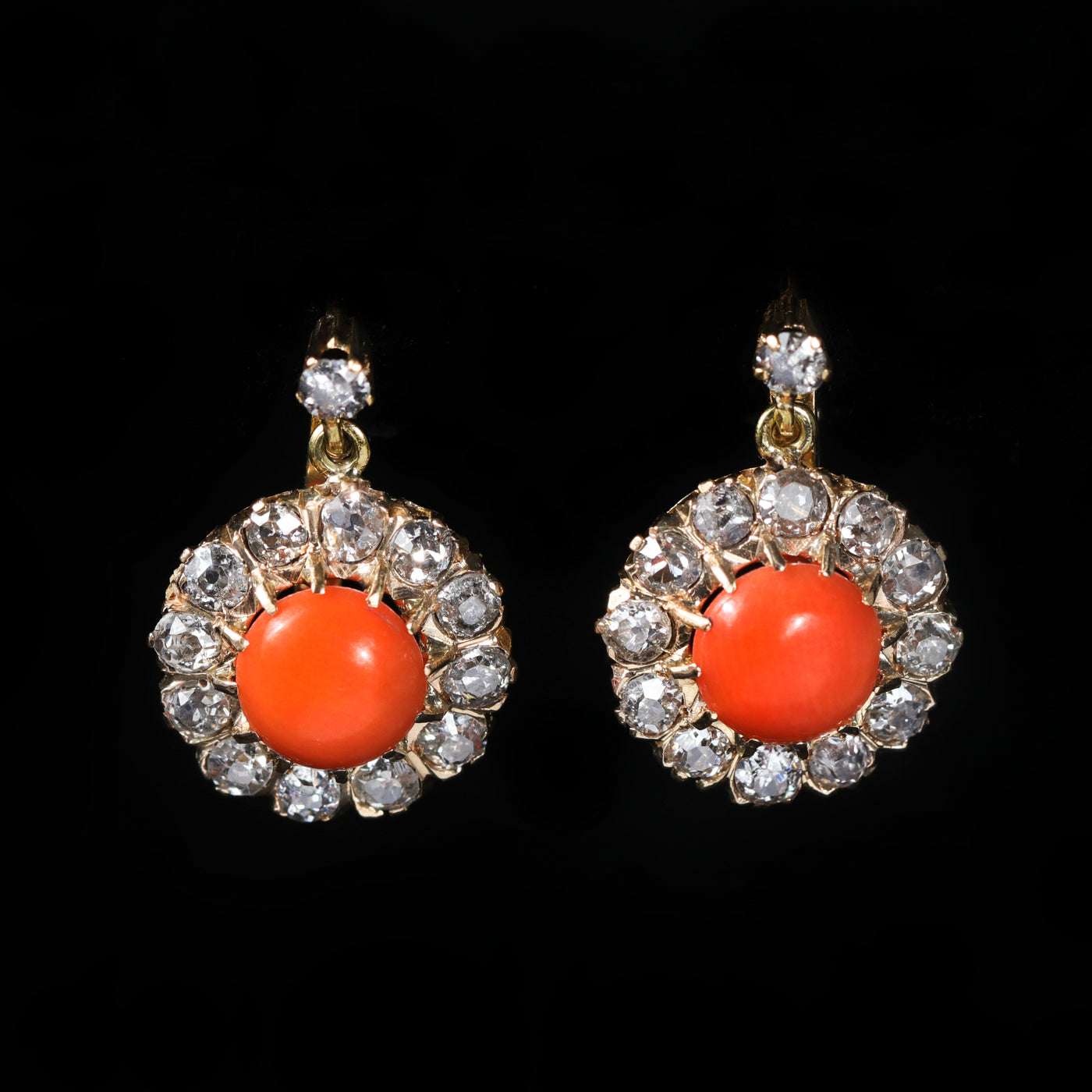 Victorian 18K Yellow Gold, Coral Cabochon, and Old Mine Cut Diamond Dangle Earrings