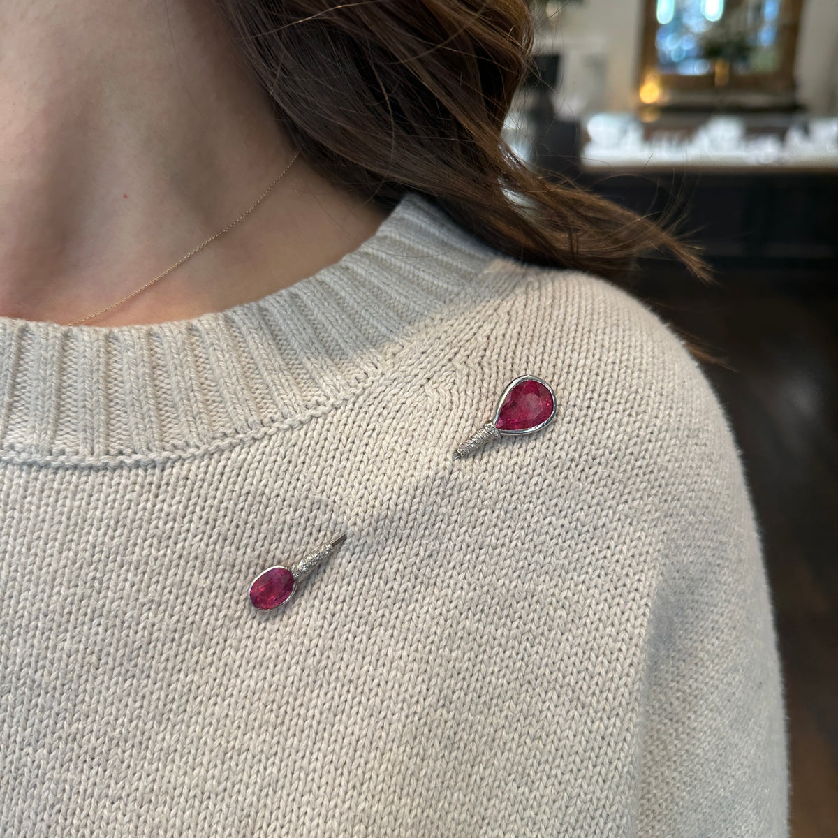 Art Deco Platinum, Rubellite, and Diamond Jabot Pin 