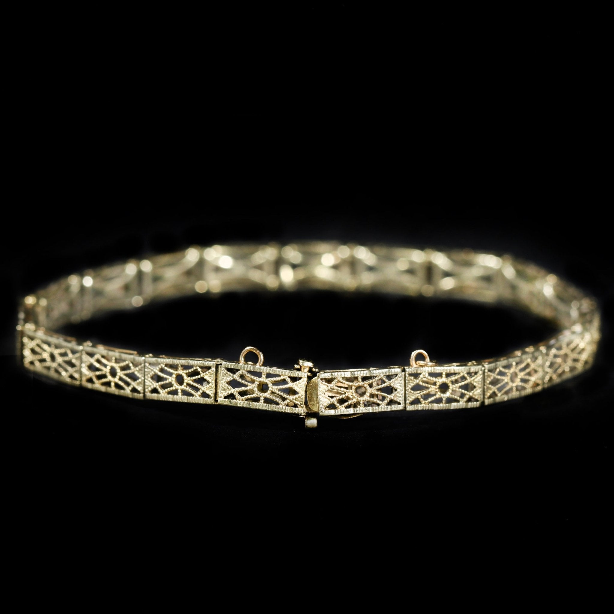 Art Deco 14k Yellow Gold Filigree Bracelet, 7.25" - Walton's Jewelry