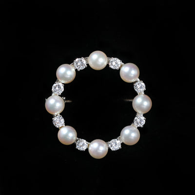 Estate 18K White Gold 1.00 CTW Diamond and Pearl Circular Brooch