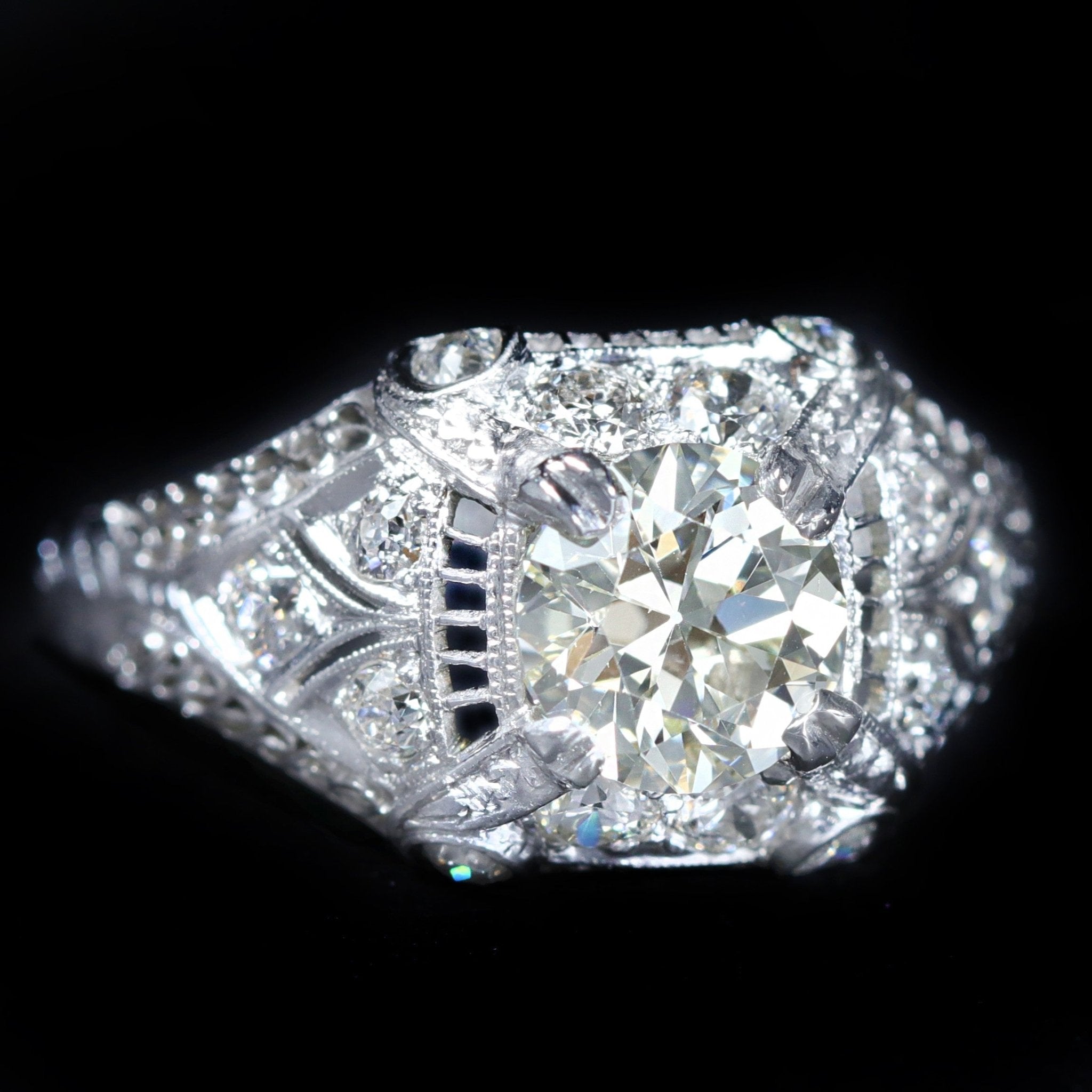 Art Deco Platinum 1.42 Carat Old European Cut Diamond Engagement Ring - Walton's Jewelry